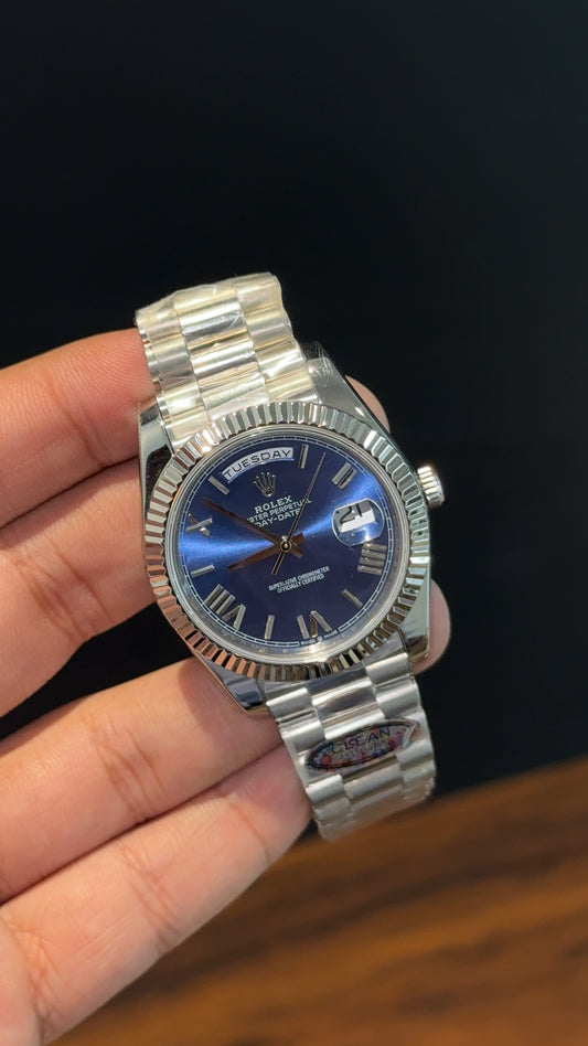 DayDate | Clean Grade | Silver Chain | Dark Blue Dial