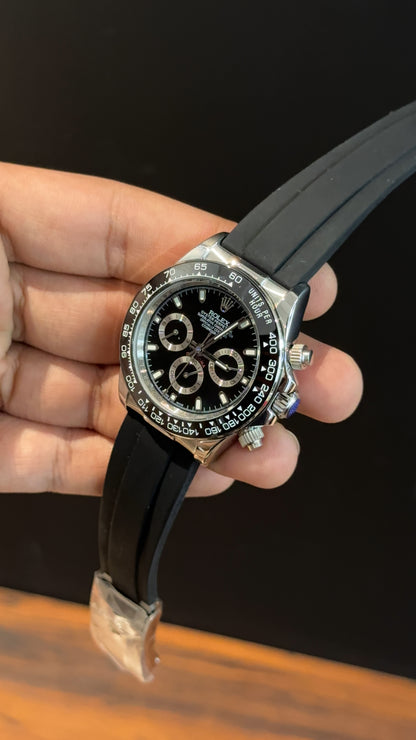 Daytona | Silver | Pvc Strap | Chr | Black Dial
