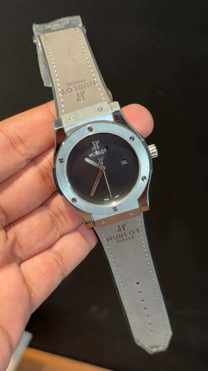 Hublot Auto | Silver Case | light Grey Strap | Black Dial