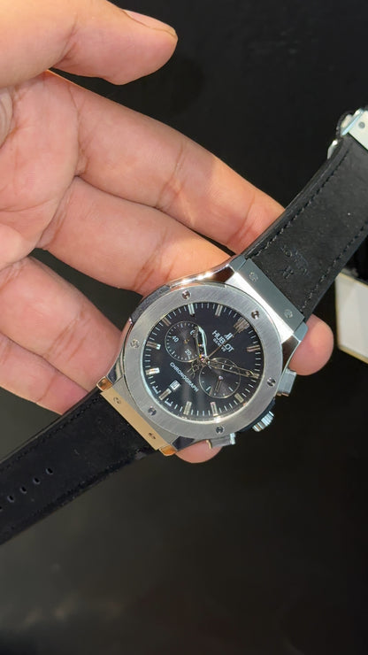 Hublot Auto | Silver Case | Chrono | Black Strap | Black Dial