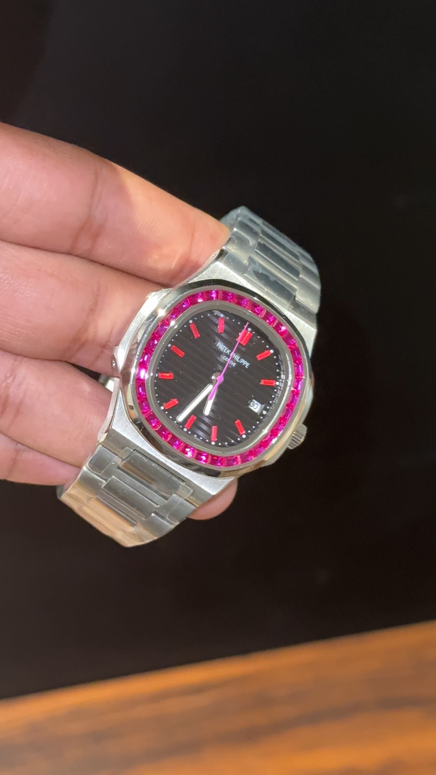 Pp Auto | Silver Chain | Pink Diamond Bezel | Pink Digits |Black Dial