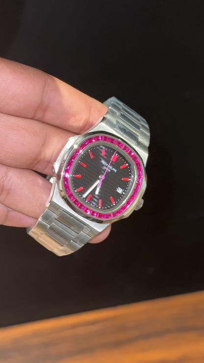 Pp Auto | Silver Chain | Pink Diamond Bezel | Pink Digits |Black Dial