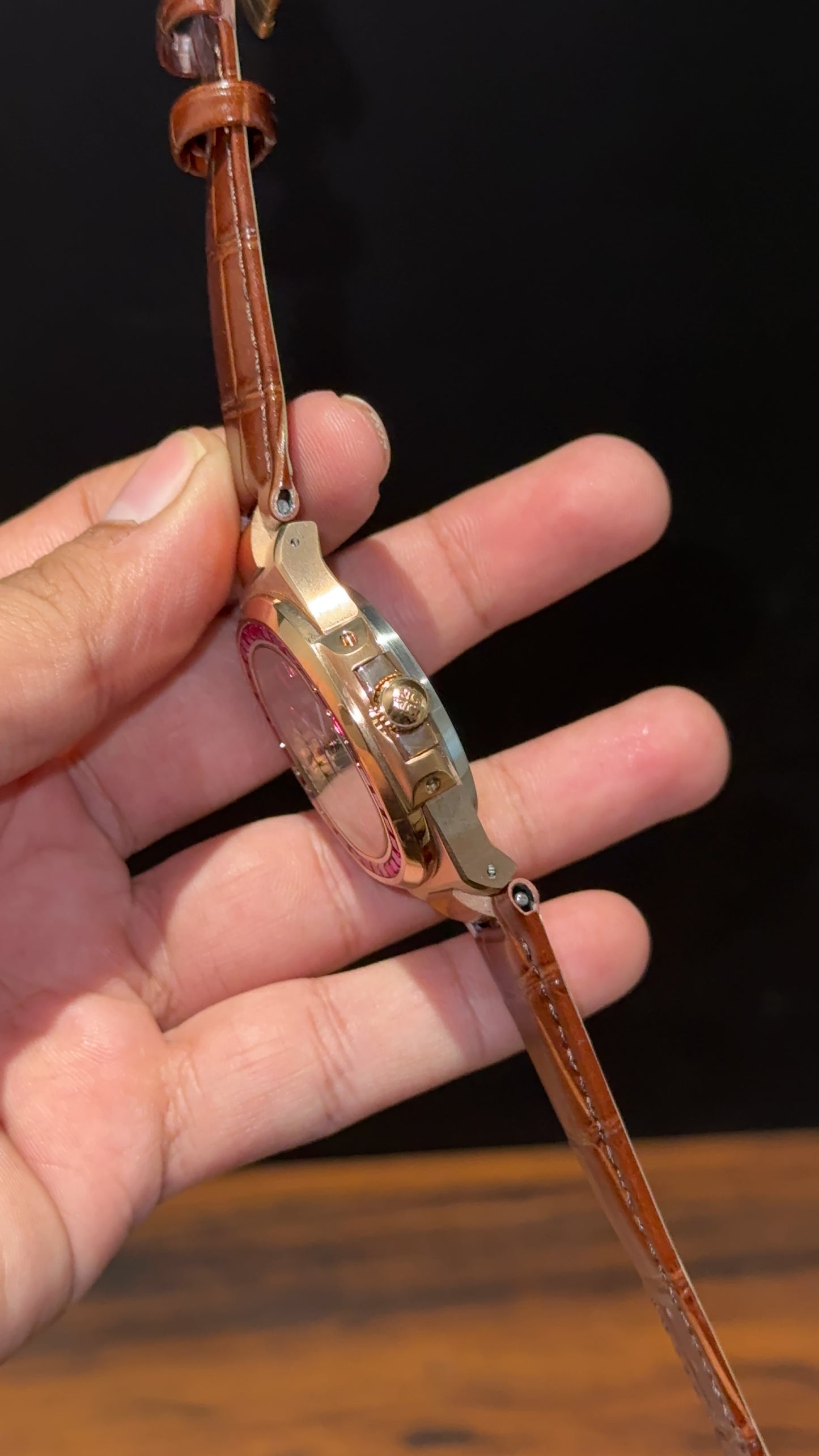 Pp Rose | Auto | Pink Diamond Bezel | Brown Leather Strap | Black Dial | Pink Digits