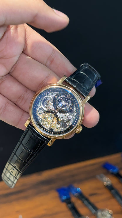 Patek Rose | Black Leather Strap | MoonPhase | Pendulum | Grey Machine Dial