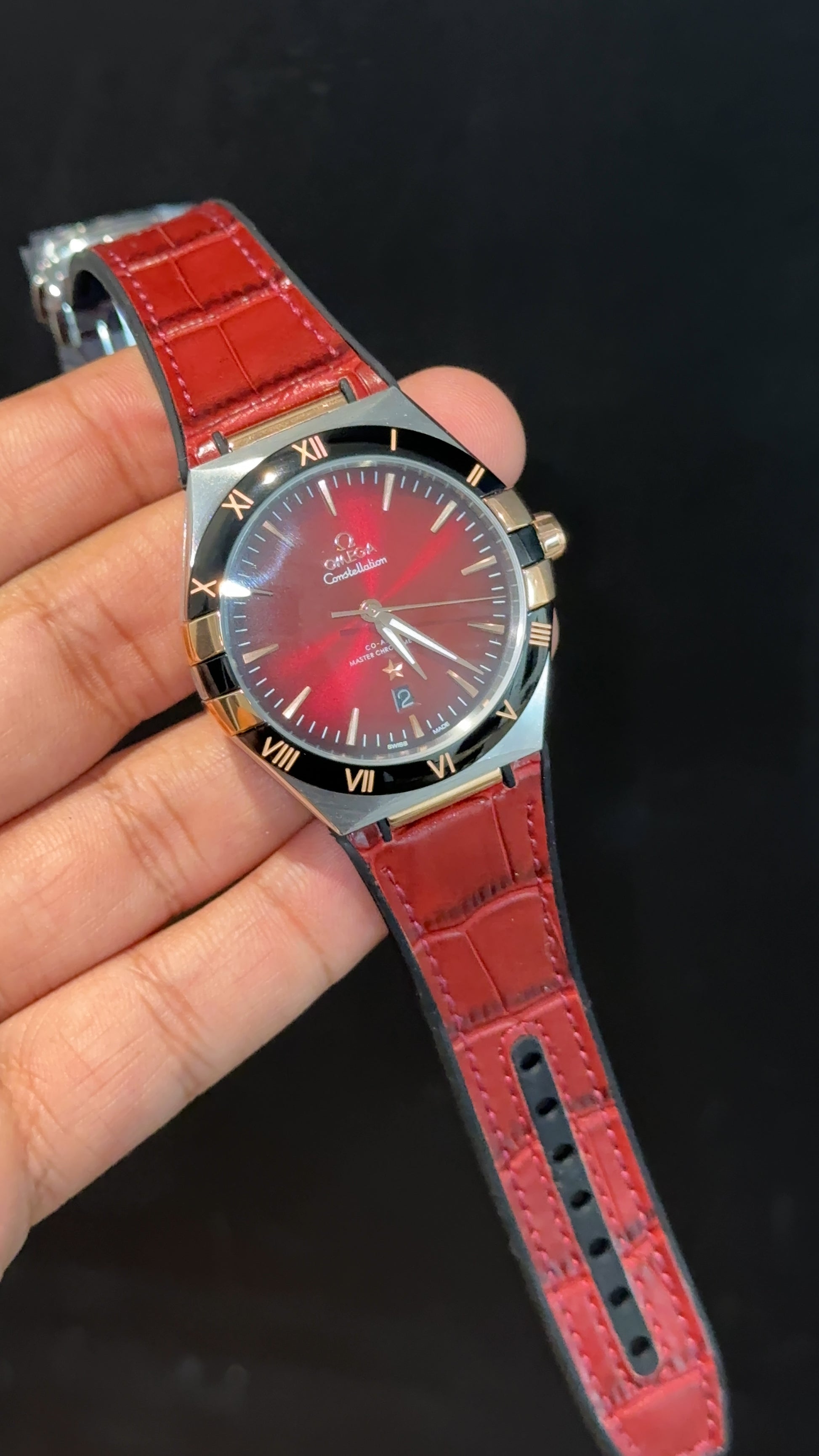 Omega Constellation | Silver Black Case | Red Strap | Red Plain Dial - twentyfour