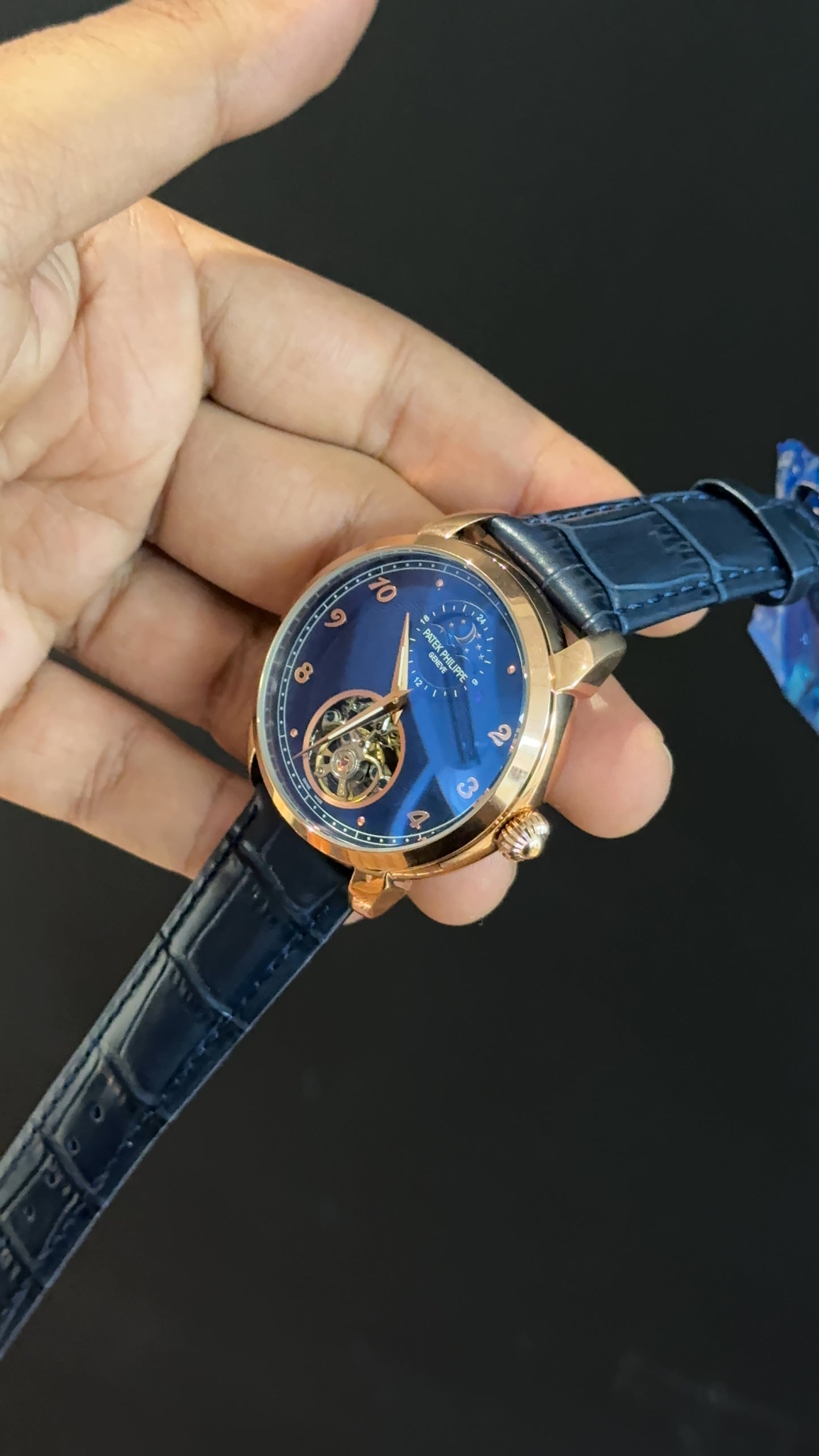 PP Auto | Rose | Pendulum | Moonphase | Blue Leather Strap | Blue Textured Dial
