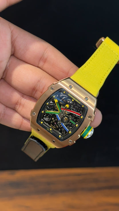 Premium Richard Mille | Rose | RM 67-02 Edition | Yellow Strap | Skeleton | Black Dial