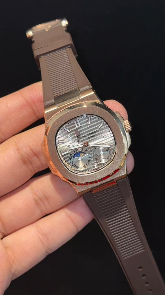 Pp Auto | Rose Case | Brown Rubber Strap | Moonphase | Sub Grey Dial