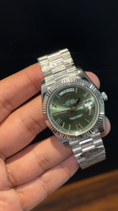 Premium DayDate | Silver Chain | Olive Green Dial