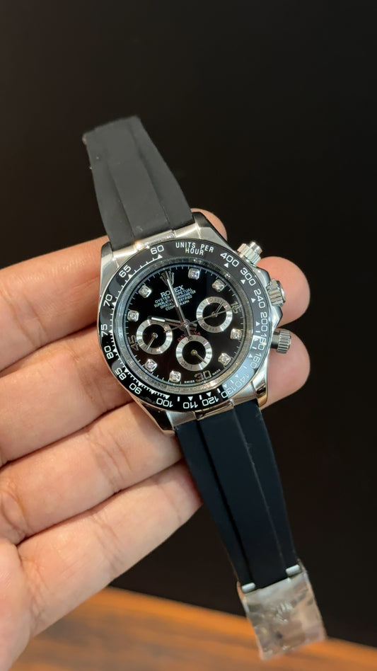Daytona | Silver | Pvc Strap | Chr | Silver Diamond Black Dial