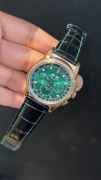 Patek Century | Auto | Rose Diamond Case | Green Diamond Dial | Black Leather Strap - twentyfour