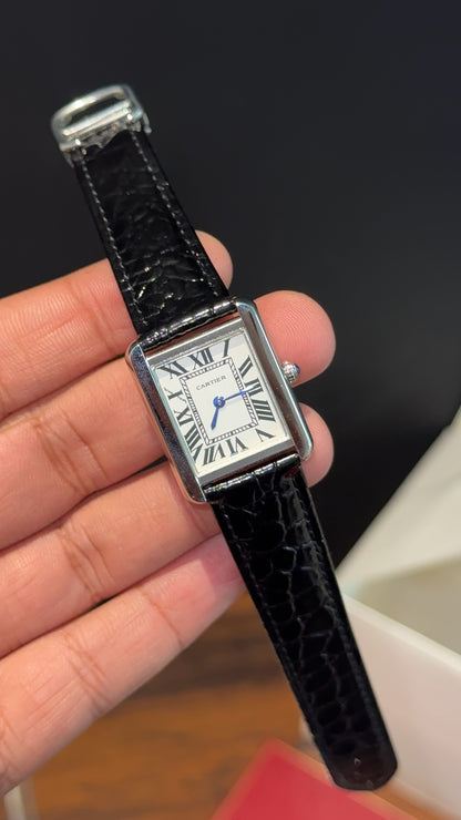 Cartier Tank | Silver | Woman | Black Leather Strap | White Dial