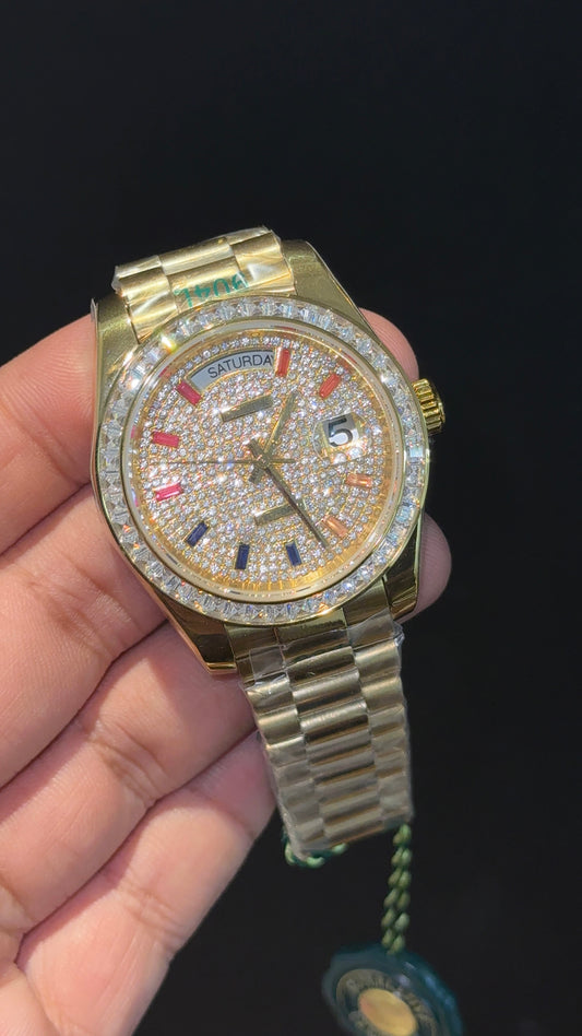 DayDate | Diamond Bezel | Gold Chain | Rainbow Digit | White Diamond Dial