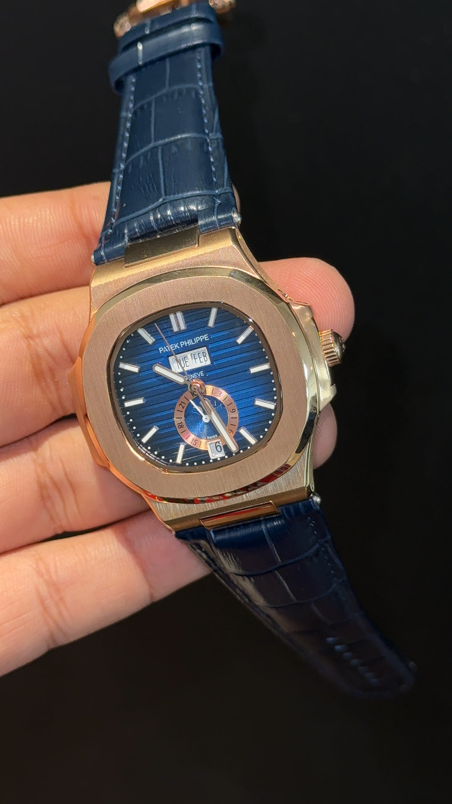 Pp Auto | Moonphase | Yearly Edition | Rose Case | Blue Leather Strap | Blue Dial