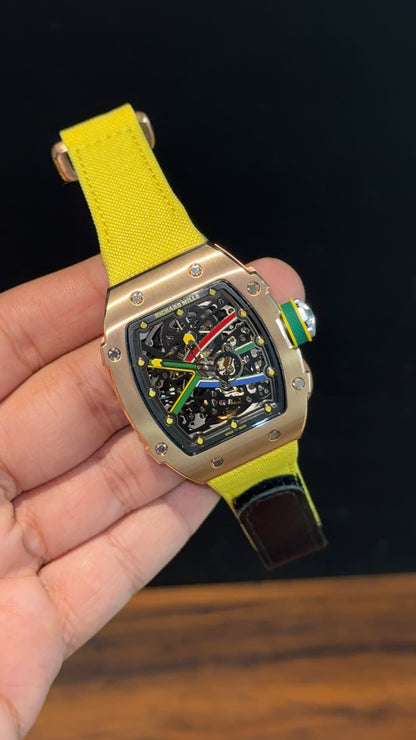 Premium Richard Mille | Rose | RM 67-02 Edition | Yellow Strap | Skeleton | Black Dial
