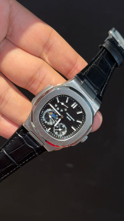 Pp Auto | Silver Case | Black Strap | Moonphase | Sub Black Dial