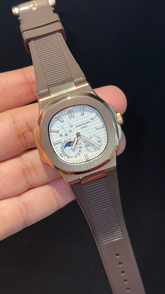 Pp Auto | Rose Case | Brown Rubber Strap | Moonphase | Sub White Dial