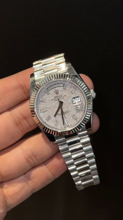 Premium Daydate | Silver Chain | Silver Meteorite Dial
