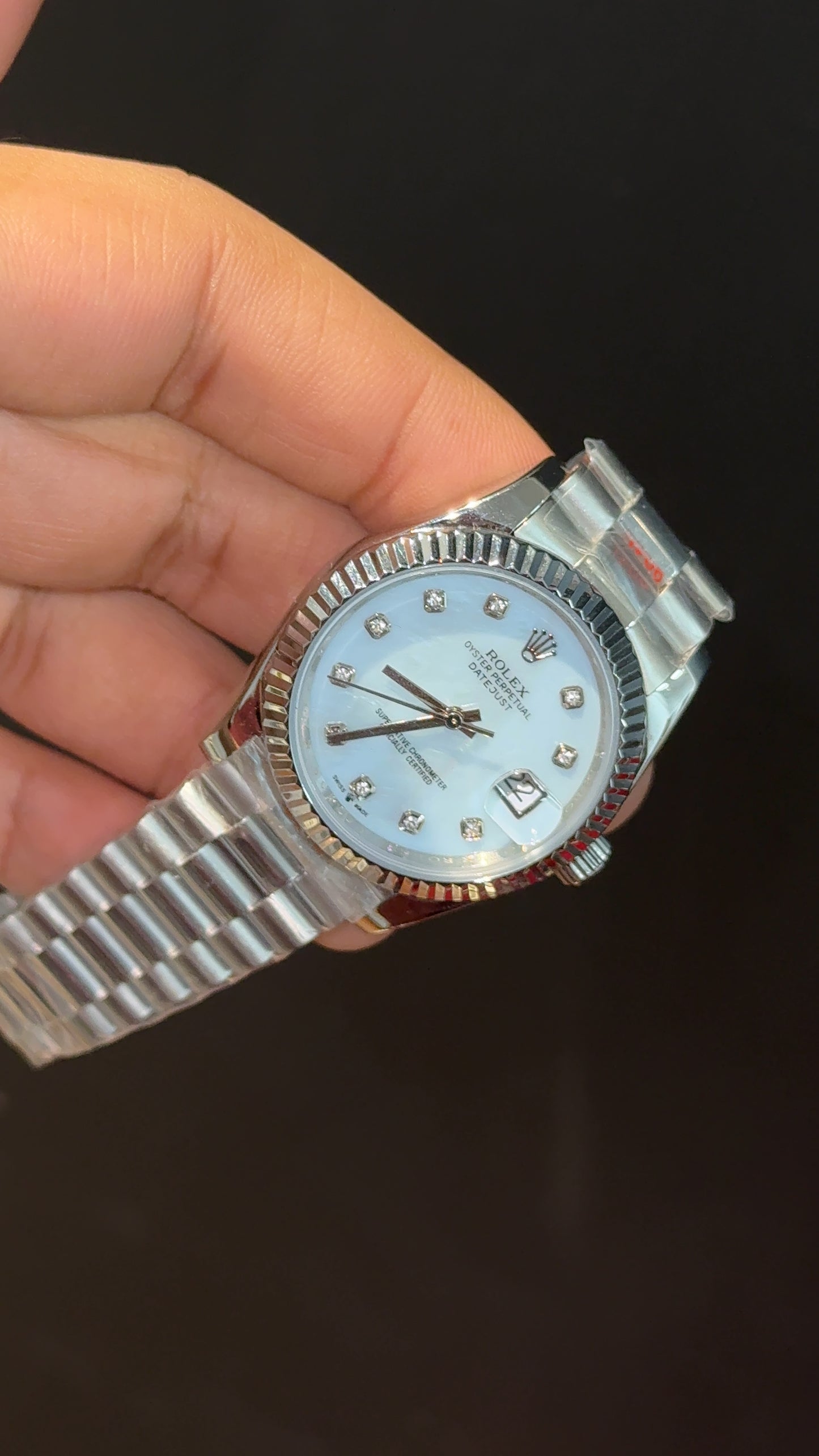 Datejust | 36mm | Silver President Chain | Sky Blue Diamond Dial
