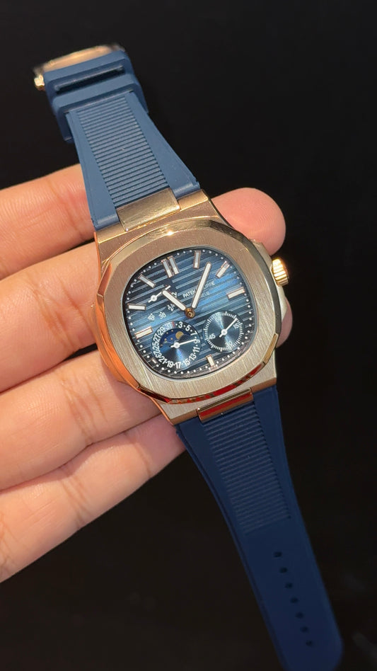 Pp Auto | Rose Case | Blue Rubber Strap | Moonphase | Sub Blue Dial