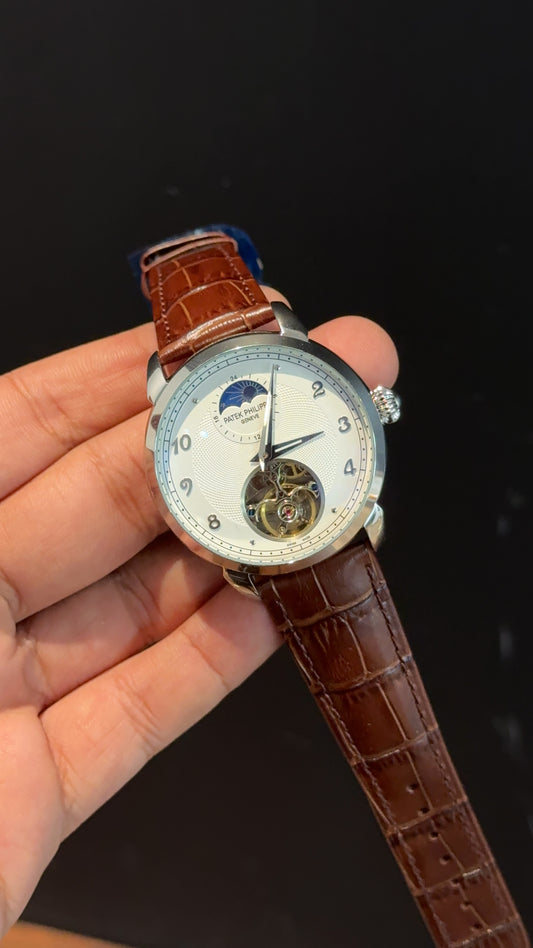 PP Auto | Silver | Pendulum | Moonphase | Brown Leather Strap | White Textured Dial