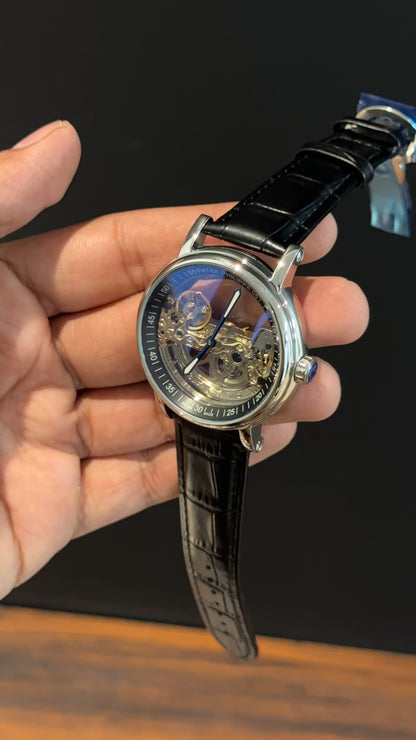Pp Auto | Gold Skeleton | Black leather strap | Transparent Gold Dial