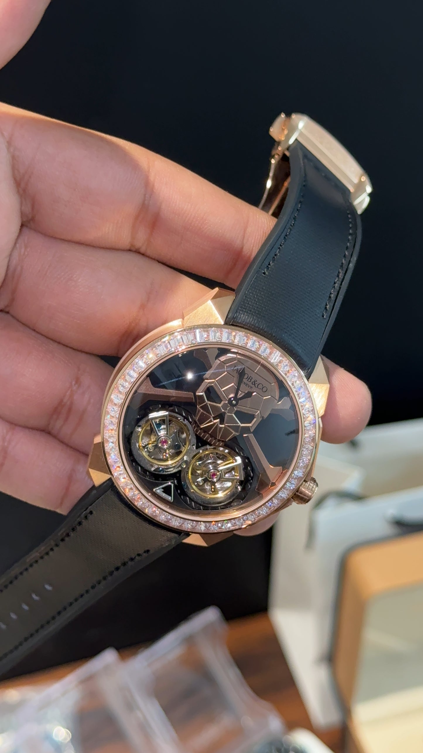 Executive Jacob and Co | Rose Pearl Bezel | Skull Double Tourbillon | Black Strap | Black Dial