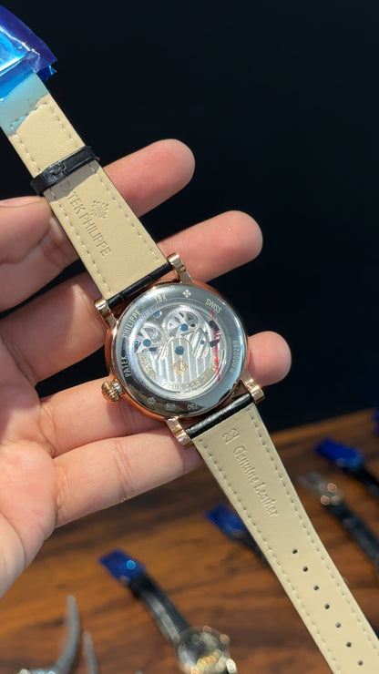 Patek Rose | Black Leather Strap | MoonPhase | Pendulum | Grey Machine | Grey Dial