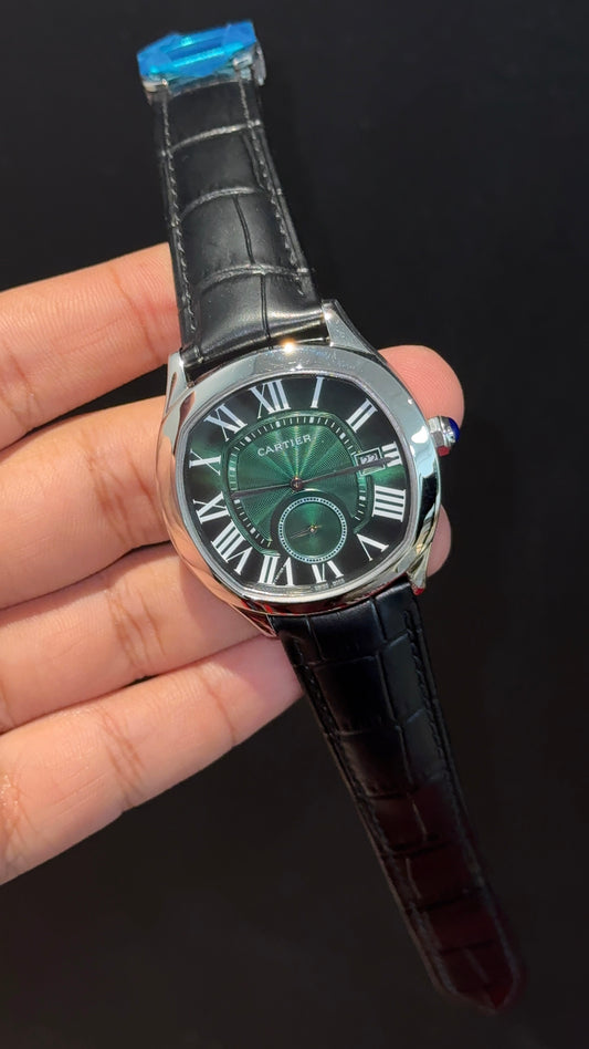 Cartier | Silver Case | Pendulum | Black Leather Strap | Green Dial