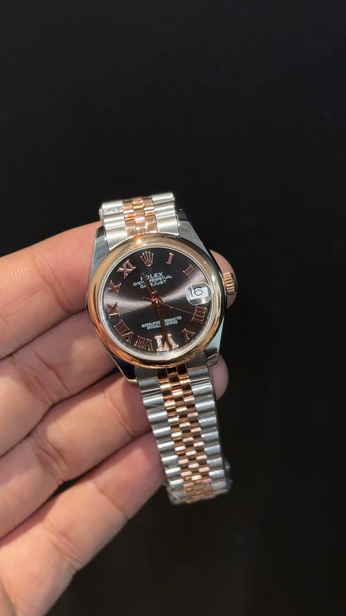 Premium DateJust | Eveline | Plain Bezel | 30mm | Women | Rose Two Tone | Black Index Dial