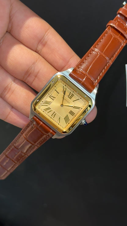 Cartier Santos | Gold Two Tone Case | Brown Dumont Strap | Gold Dial