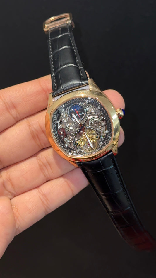 Cartier | Rose Case | Black Leather Strap | Rose Machine Skeleton Dial