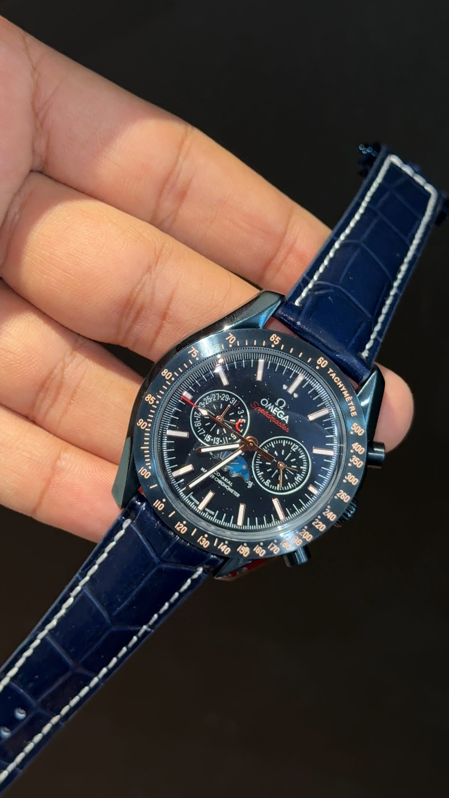 Omega Speedmaster | Rose Black Bezel | Blue Strap | Chrono Moonphase | Black Dial
