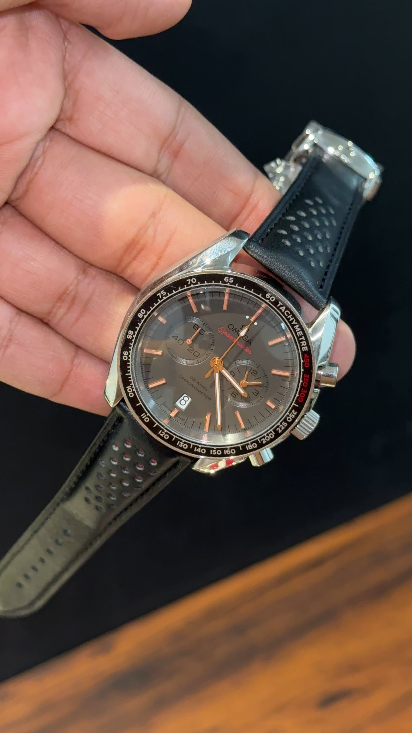 Omega Speedmaster | black Strap | Silver Case | Chrono | Orange Digits | Grey Dial
