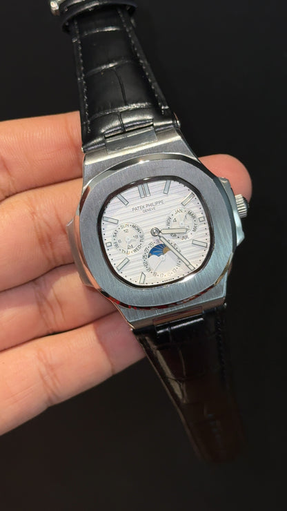 Pp Auto | Moonphase | Chrono | Silver Case | Black Leather Strap | White Dial