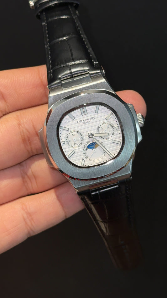 Pp Auto | Moonphase | Chrono | Silver Case | Black Leather Strap | White Dial