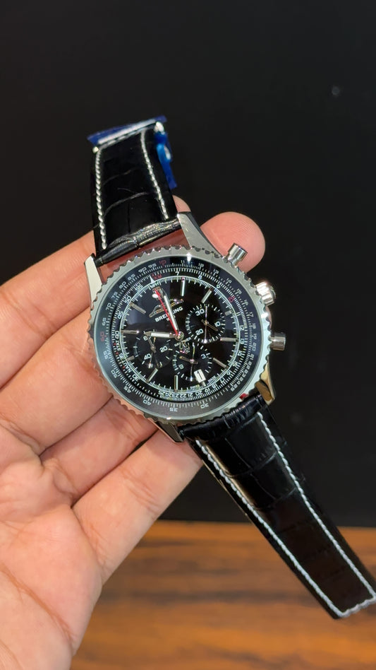 Brietling | Black  Leather Strap |Chrono | Black Dial