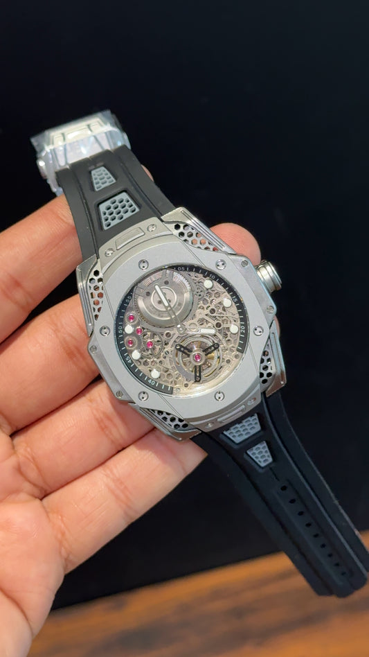 Premium Hublot | Big Bang Tourbillon Edition | Black Strap | Silver Skeletonized Dial - twentyfour