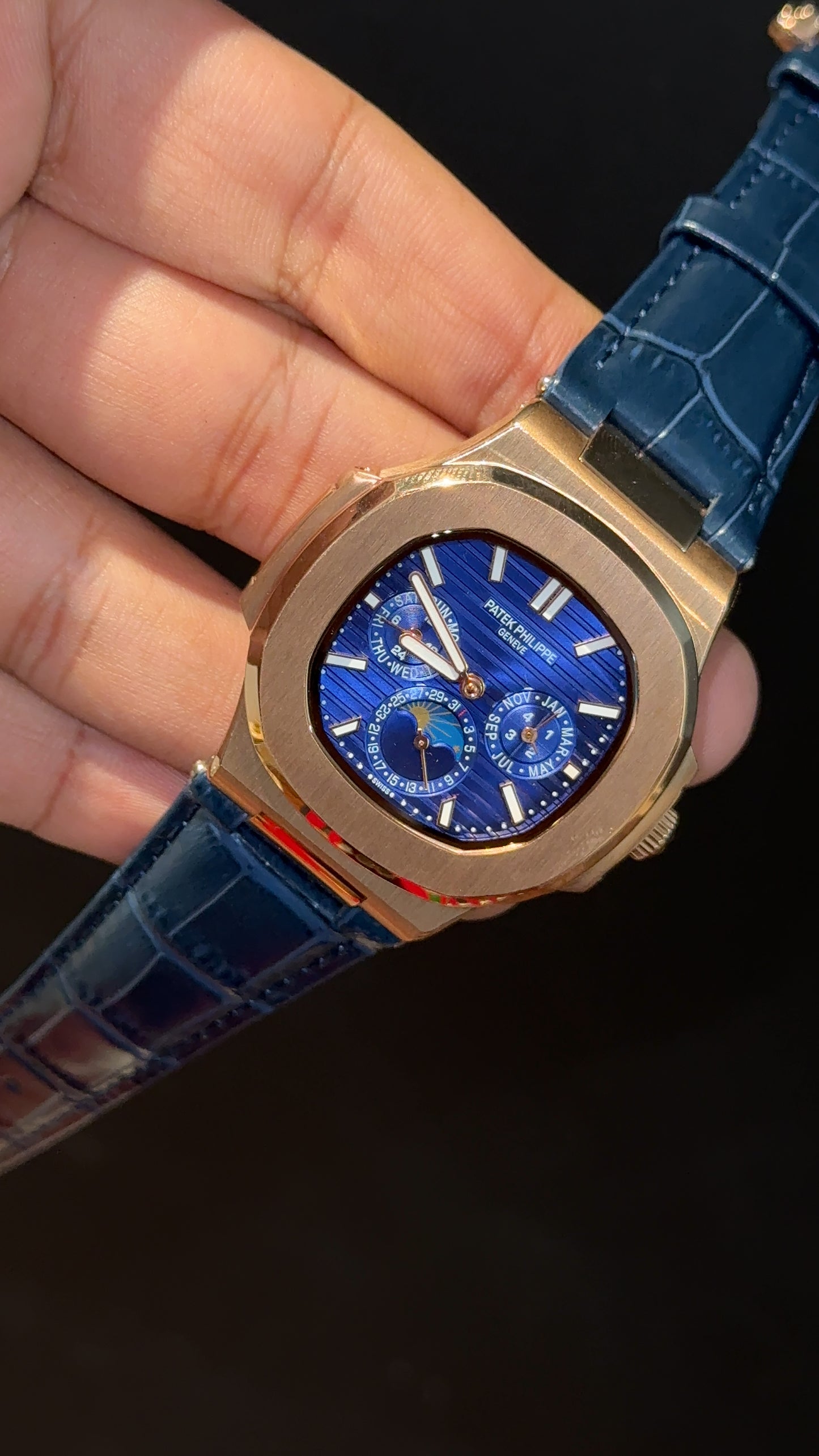Pp Auto | Moonphase | Chrono | Rose Case | Blue Leather Strap | Purplish Dial