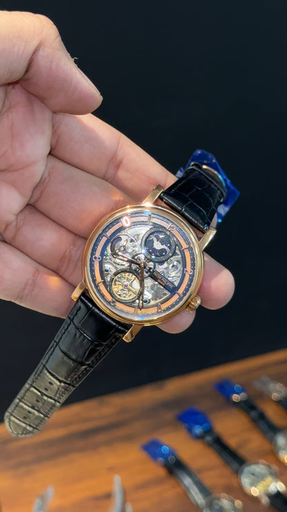 Patek Rose | Moonphase | Pendulum | Second Timer | Black Leather Strap | Grey Machine |  Orange Outline Dial