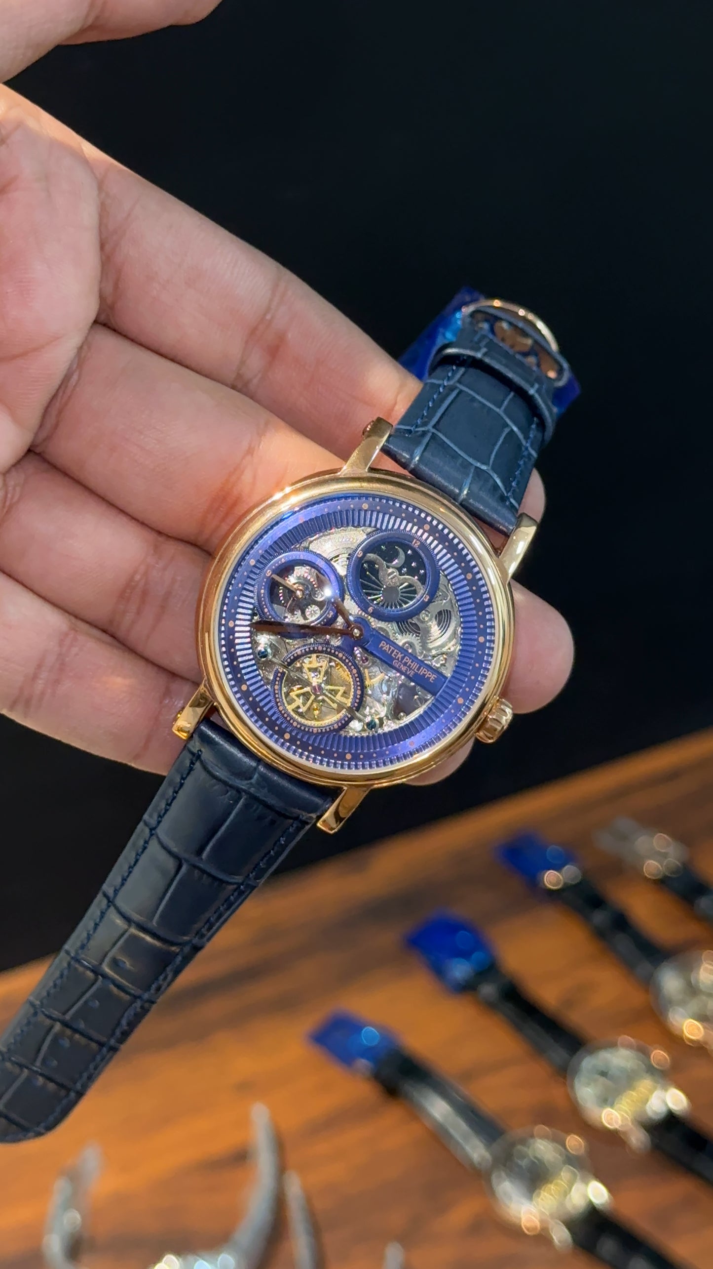 Patek Rose | Moonphase | Pendulum | Second Timer| Blue Leather Strap | Grey Machine | Blue Dial