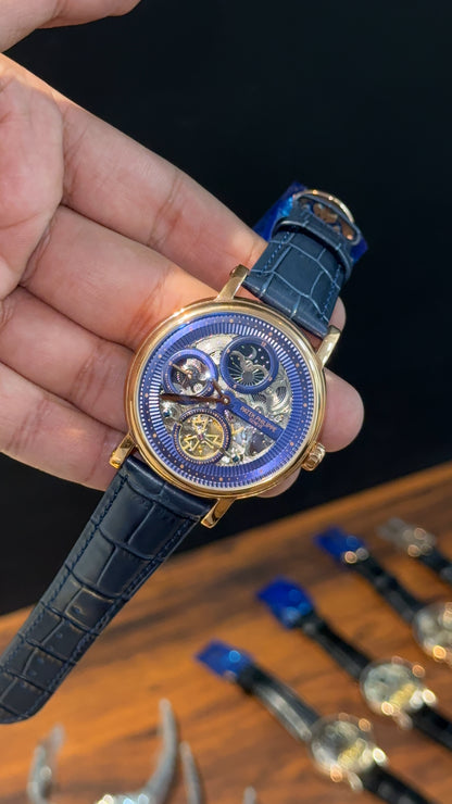 Patek Rose | Moonphase | Pendulum | Second Timer| Blue Leather Strap | Grey Machine | Blue Dial