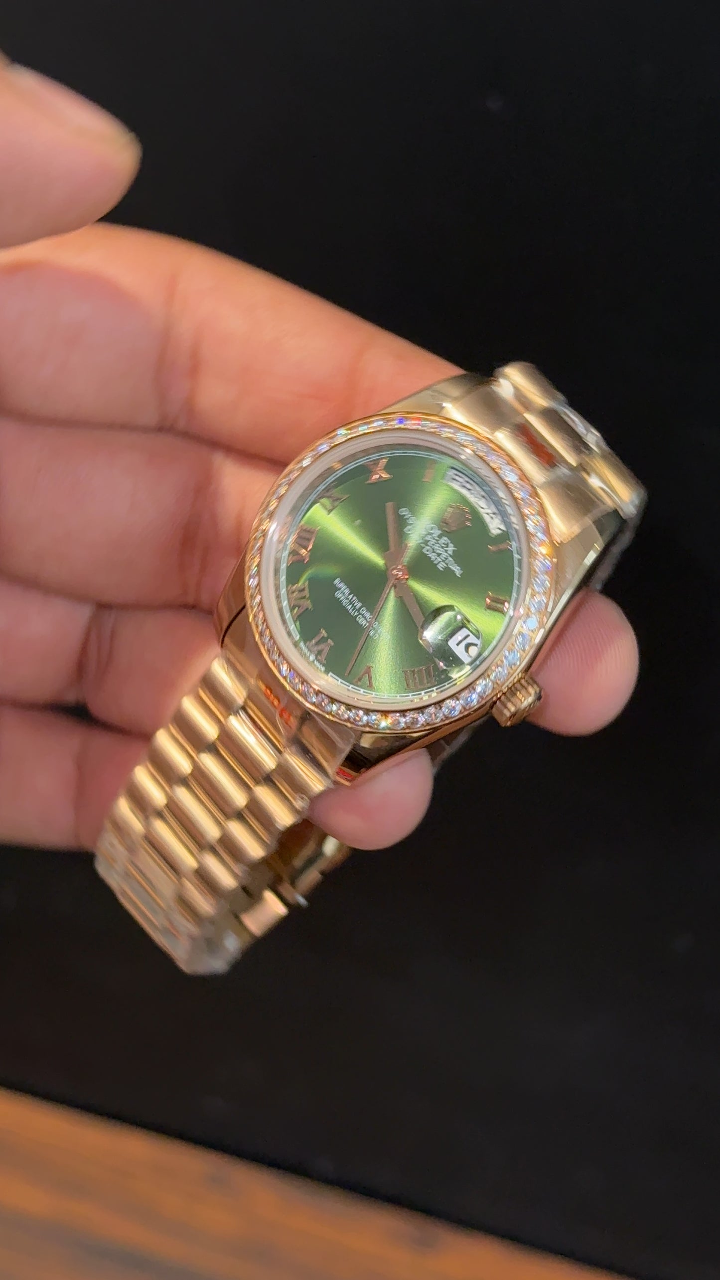 Daydate | 36mm | Diamond Case | Rose Chain | Olive Green Dial - twentyfour