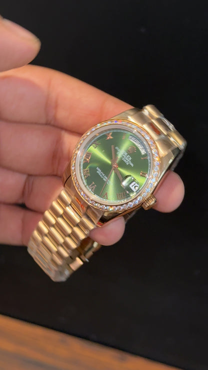 Daydate | 36mm | Diamond Case | Rose Chain | Olive Green Dial - twentyfour