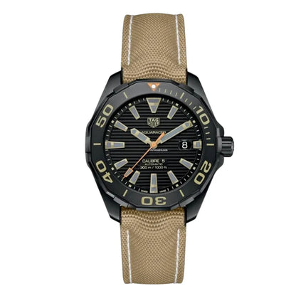 Tag Heuer Aquaracer Men’s Automatic Swiss Made Beige Nylon Strap Black Dial 43mm Watch WAY208C.FC6383 - twentyfour