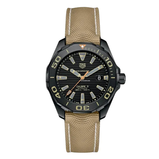 Tag Heuer Aquaracer Men’s Automatic Swiss Made Beige Nylon Strap Black Dial 43mm Watch WAY208C.FC6383