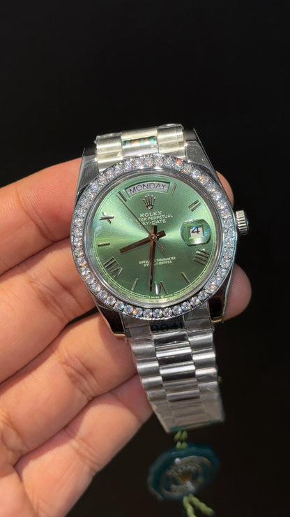 DayDate | Diamond Bezel | Silver Chain | Green Index Dial