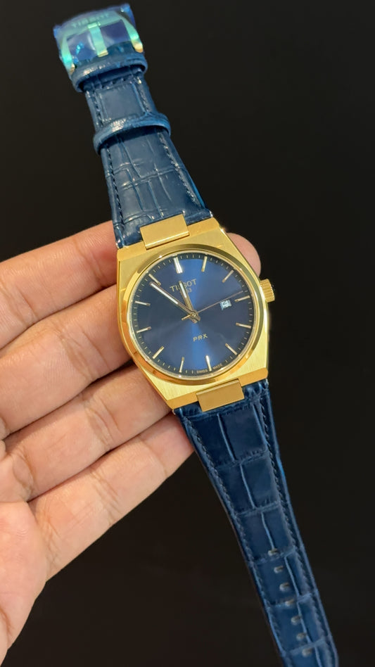 Tissot Prx | Gold Case | Blue Leather Strap | Blue Plain Dial