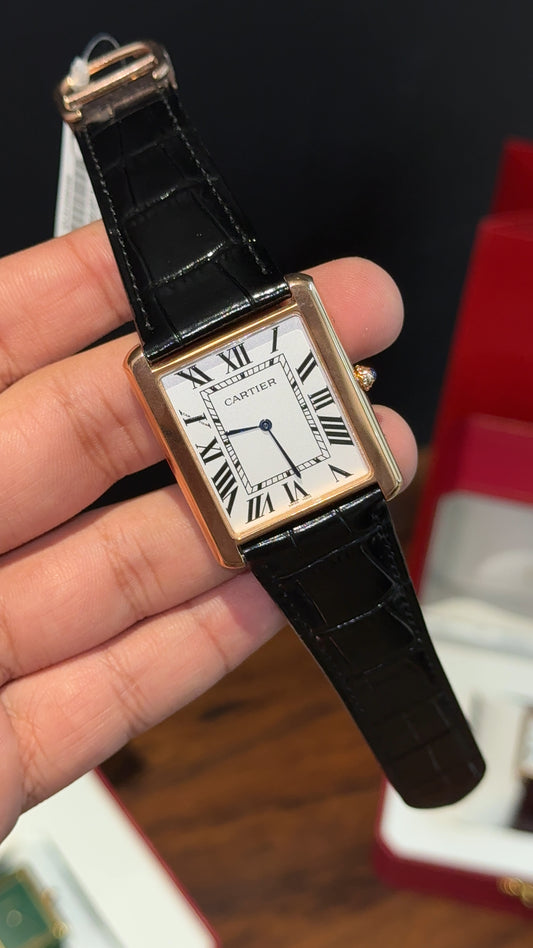 Cartier Tank | Rose | Black Leather Strap | White Dial