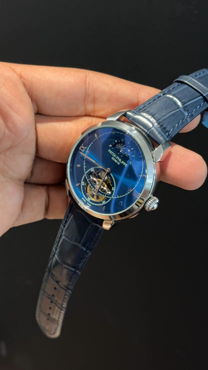 PP Auto | Silver | Pendulum | Moonphase | Blue Leather Strap | Blue Circle Plain Dial
